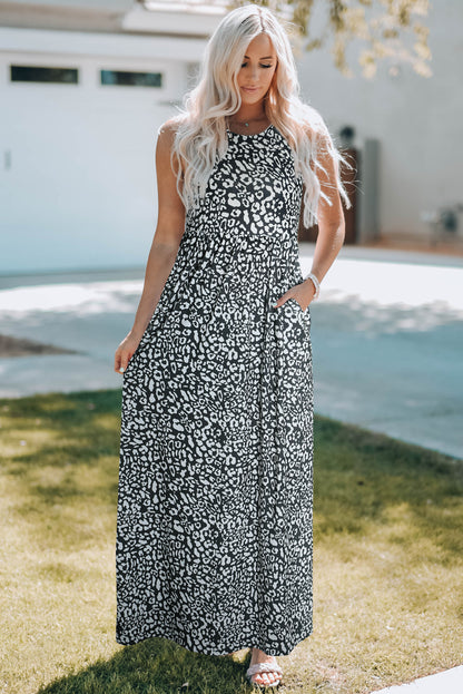 Leopard Animal Print Long Sleeve Empire Waist Maxi Dress