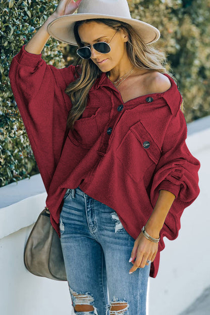 Red Polo Collar Buttoned Patchy Top with Pockets