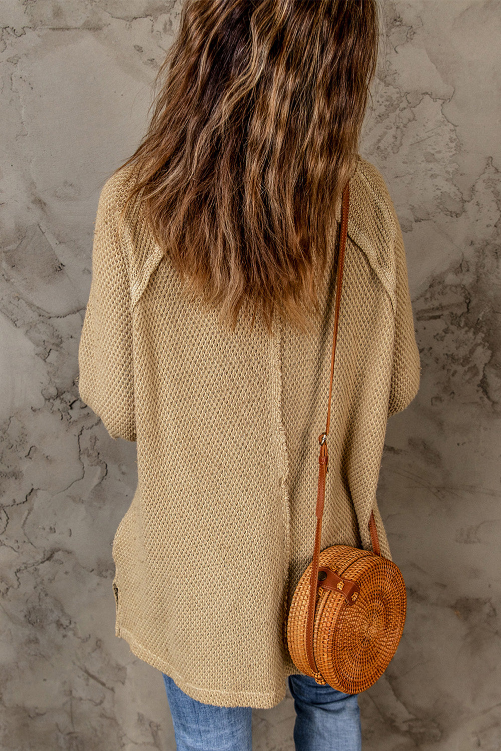 Khaki Waffle Knit Patchwork Oversized Pullover Sweatshirt