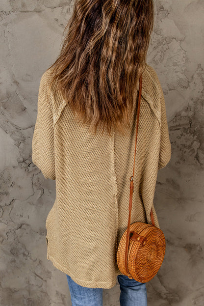 Khaki Waffle Knit Patchwork Oversized Pullover Sweatshirt