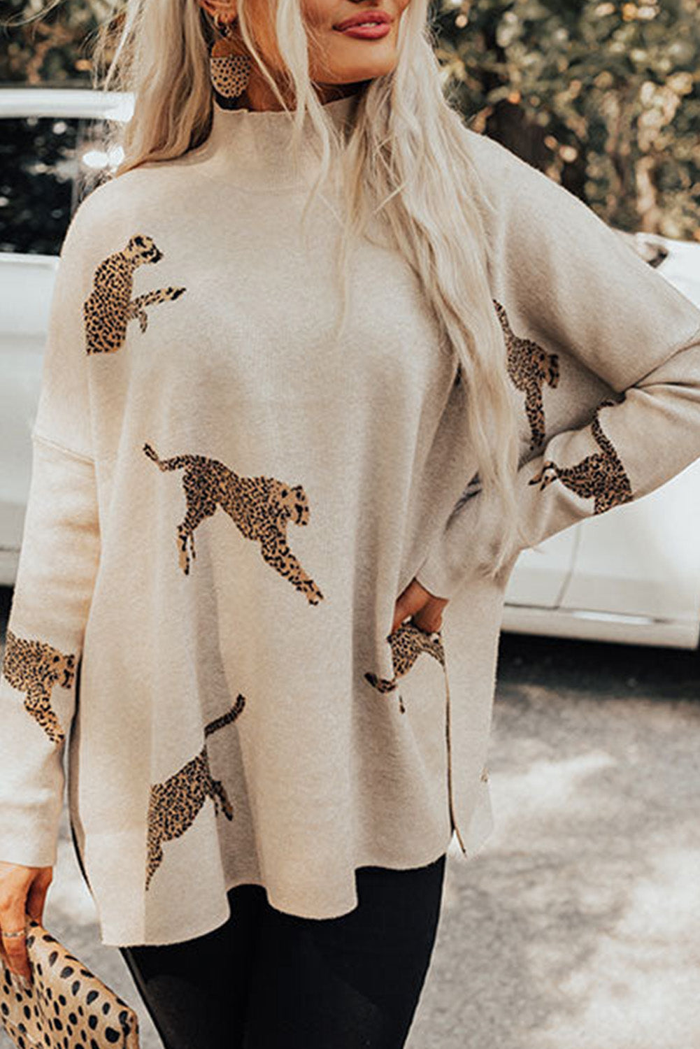 Parchment Lively Cheetah Print High Neck Split Hem Sweater