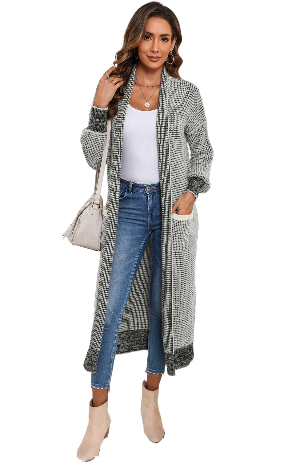 Rose Plaid Knitted Long Open Front Cardigan