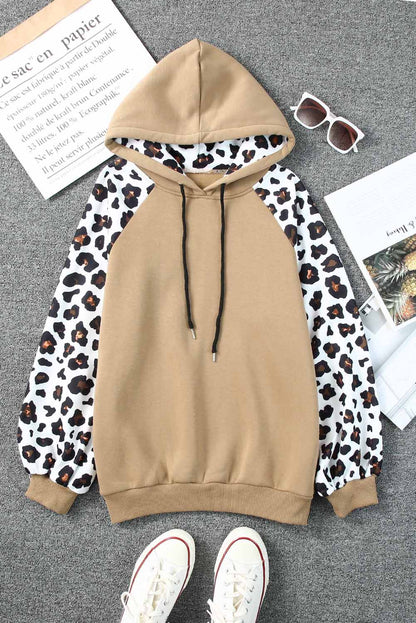 Khaki Leopard Bishop Sleeve Hooded Sweatshirt