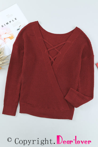 Red Cross Back Hollow-out Sweater