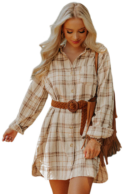 Khaki Plaid Pattern Collared Neck Ruffled Sleeve Shirt Dress