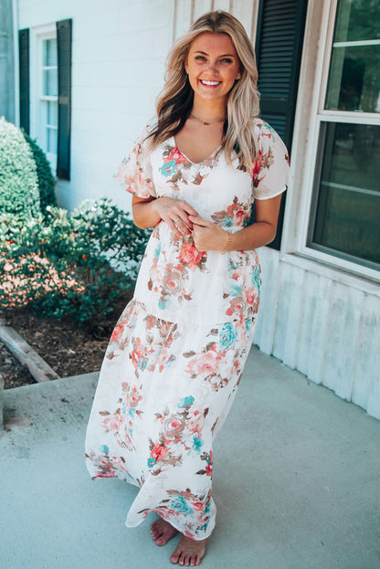 White Floral Print Lace-up High Waist Plus Size Maxi Dress