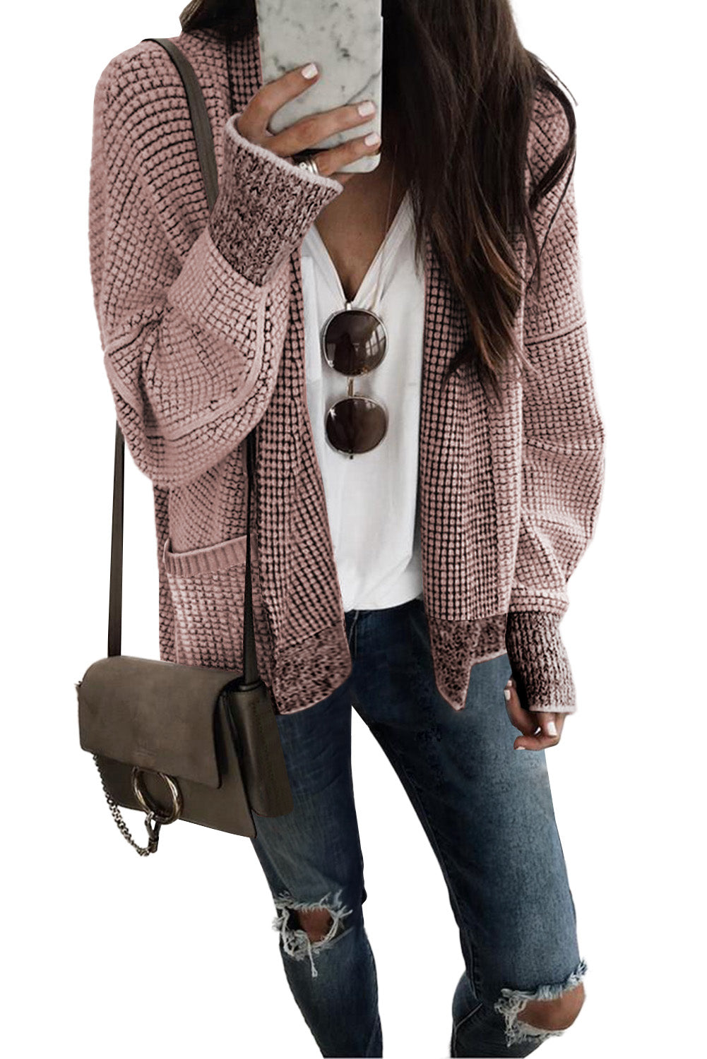 Rose Plaid Knitted Long Open Front Cardigan