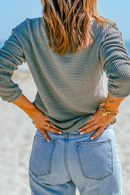 Green Waffle Knit Drop Shoulder Long Sleeve Top