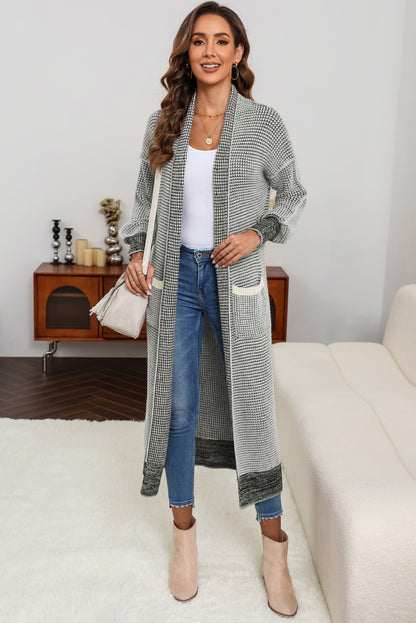 Rose Plaid Knitted Long Open Front Cardigan