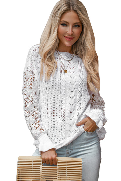 Apricot Crochet Lace Pointelle Knit Sweater