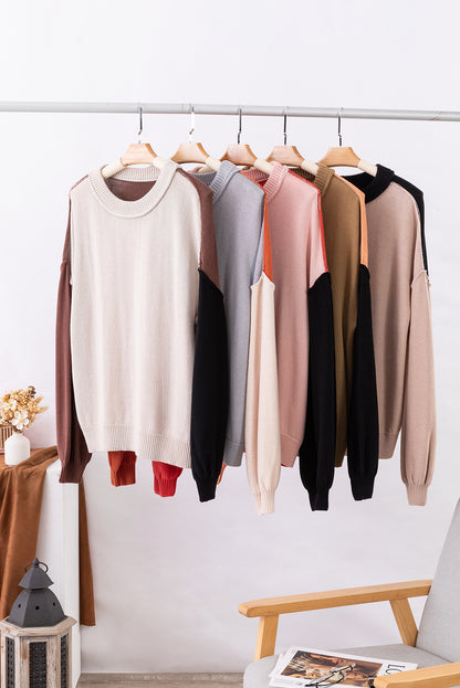 Chicory Coffee Contrast Color Exposed Seam Drop Shoulder Sweater