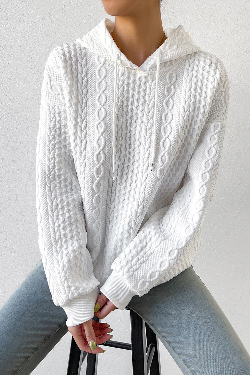 White Cable Textured Casual Drawstring Hoodie