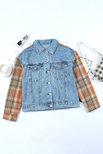 Sky Blue Medium Wash Plaid Sleeves Denim Jacket