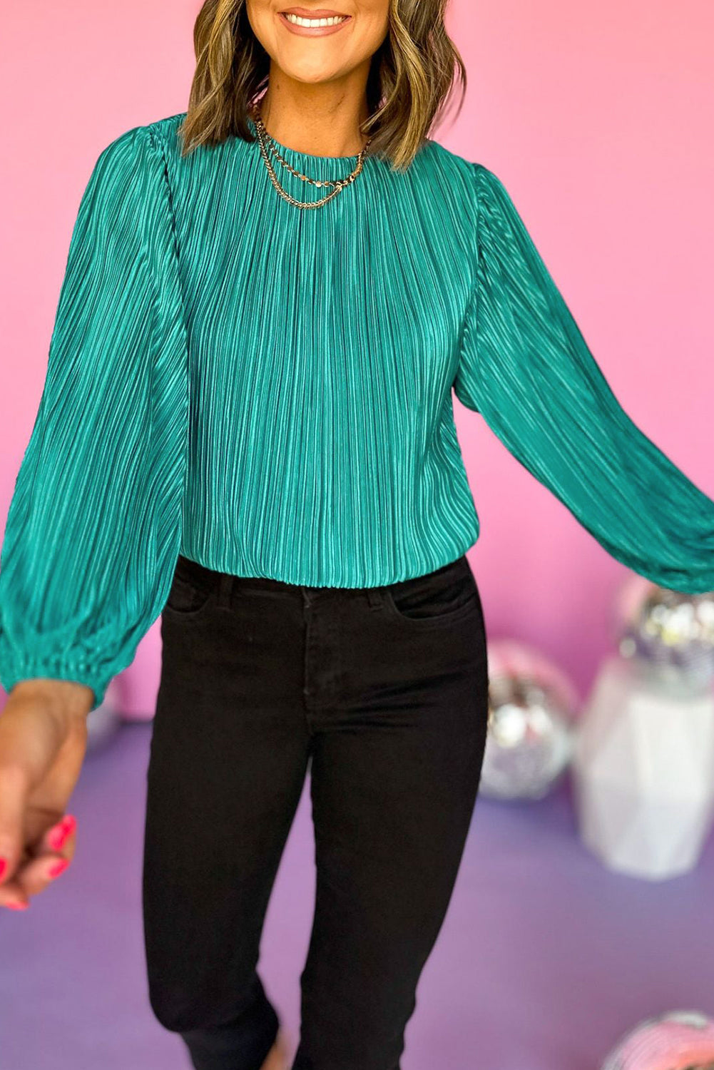 Sea Green Pleated Luster Long Sleeve Top