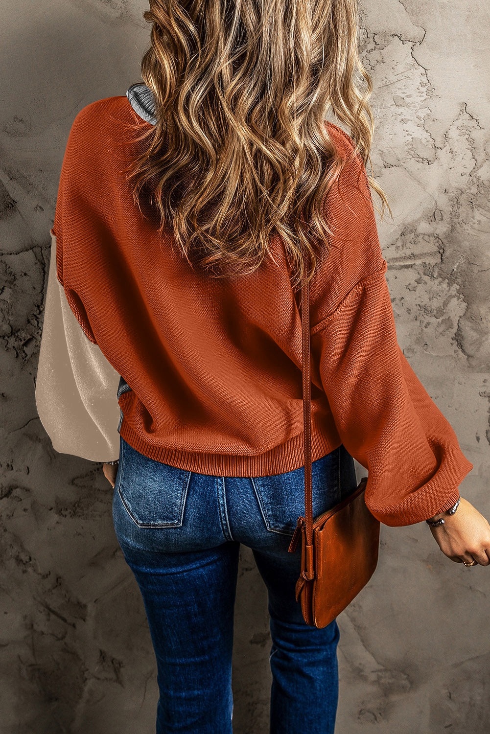 Chicory Coffee Contrast Color Exposed Seam Drop Shoulder Sweater