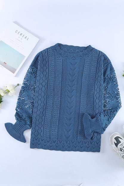 Apricot Crochet Lace Pointelle Knit Sweater