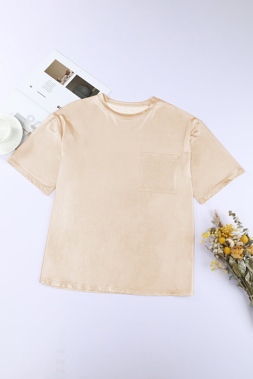 Apricot Glitter Chest Pocket Round Neck Long Sleeve Top