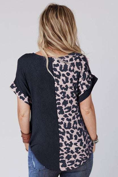 Black Contrast Solid Leopard Short Sleeve T-shirt Dress with Slits