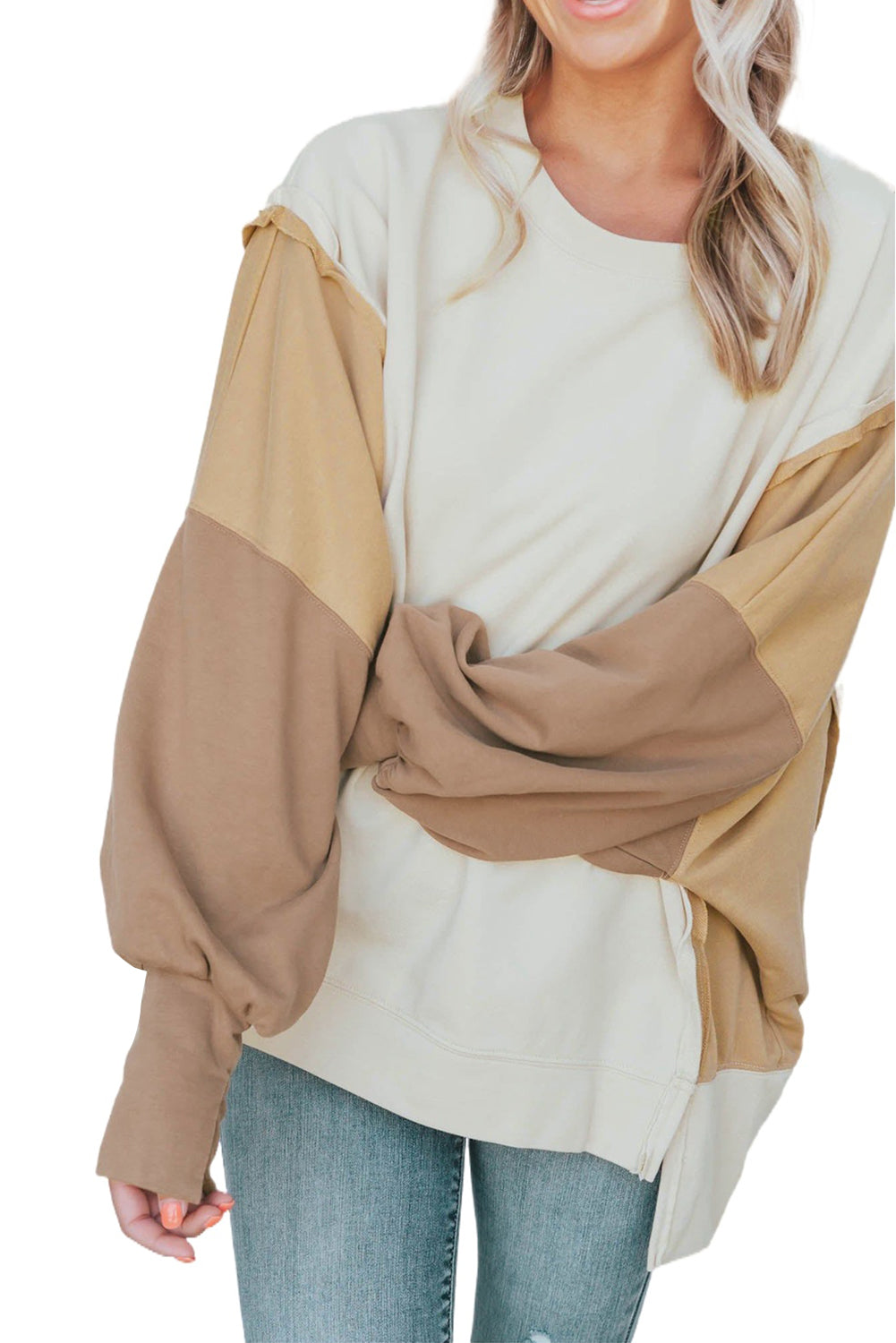 Khaki Color Block Sleeve Patchwork Oversized Sweatshirt