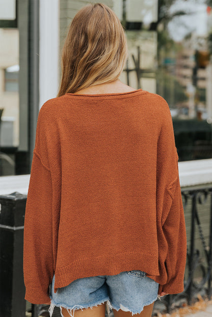 Brown Drop Shoulder Wide Sleeve Loose Sweater