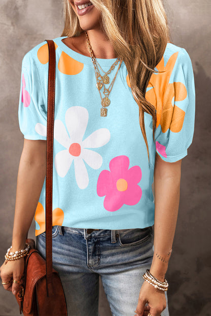 Flower Round Neck Short Sleeve Blouse