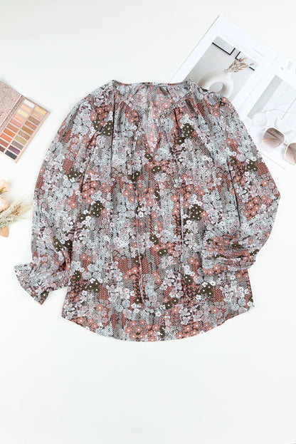 Red Printed Long Sleeve V-Neck Drawstring Shirt