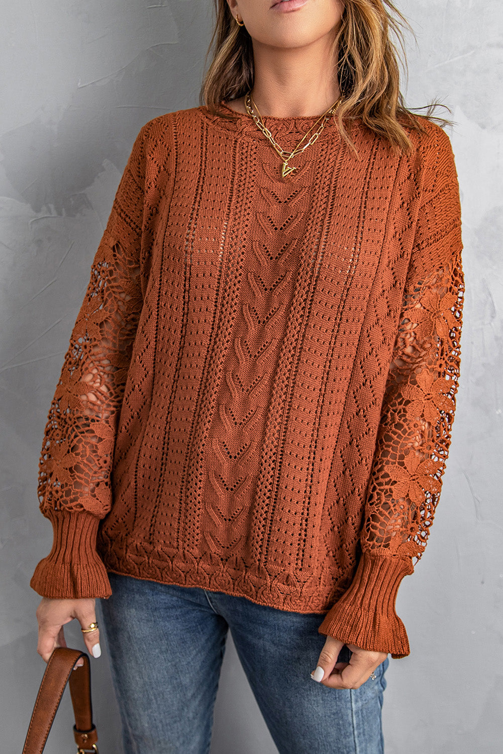 Apricot Crochet Lace Pointelle Knit Sweater