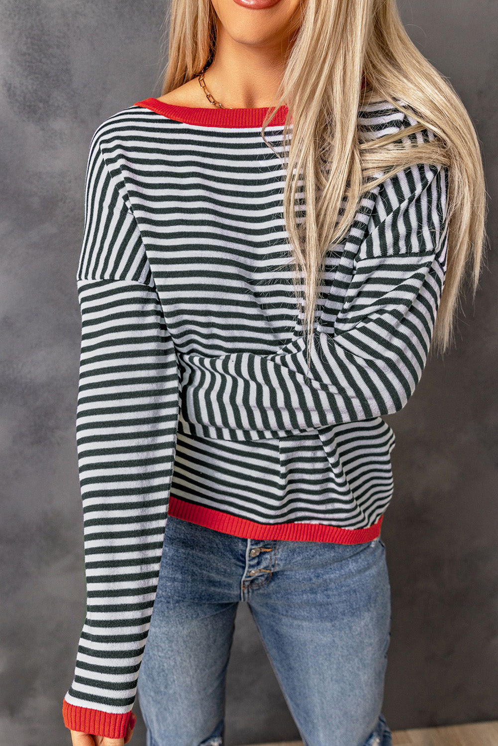 Gray Contrast Trimmed Striped Drop Shoulder Sweater