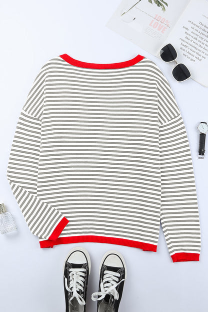 Gray Contrast Trimmed Striped Drop Shoulder Sweater