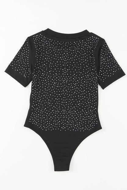 Black Rhinestone Allover Round Neck Short Sleeve Bodysuit