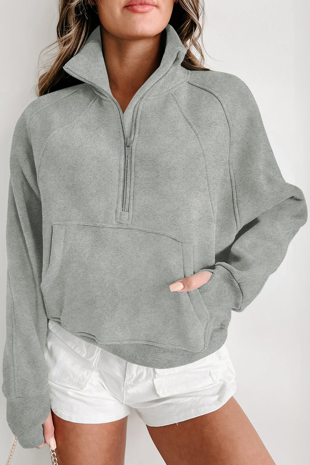 Black Zip Up Stand Collar Ribbed Thumbhole Sleeve Sweatshirt