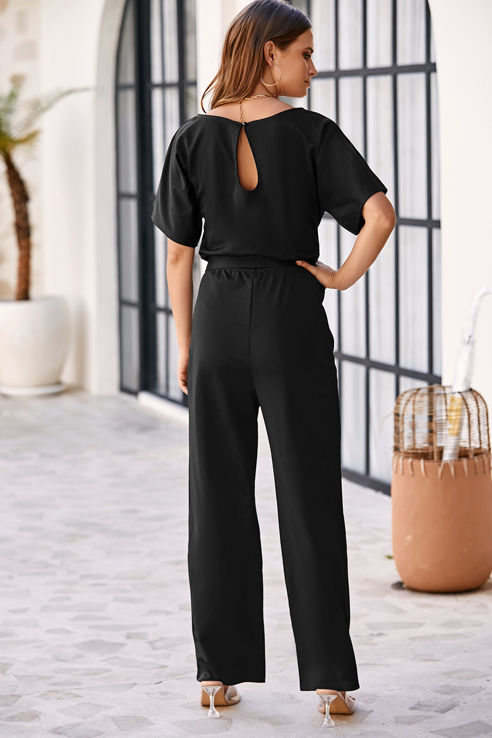 Red Belted Wide Leg Jumpsuit