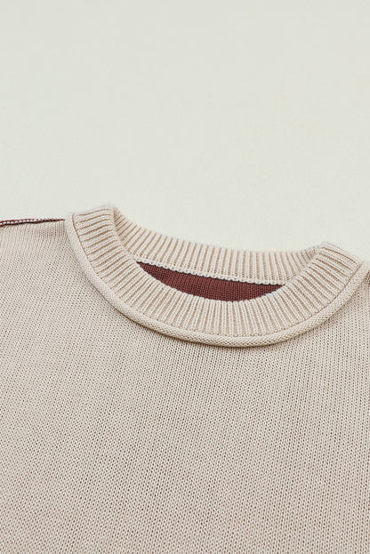 Chicory Coffee Contrast Color Exposed Seam Drop Shoulder Sweater