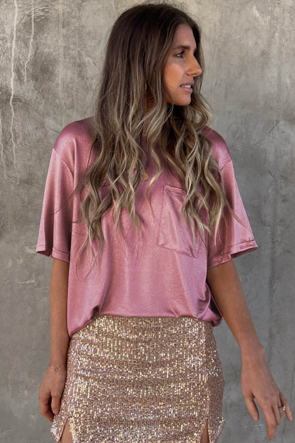 Apricot Glitter Chest Pocket Round Neck Long Sleeve Top