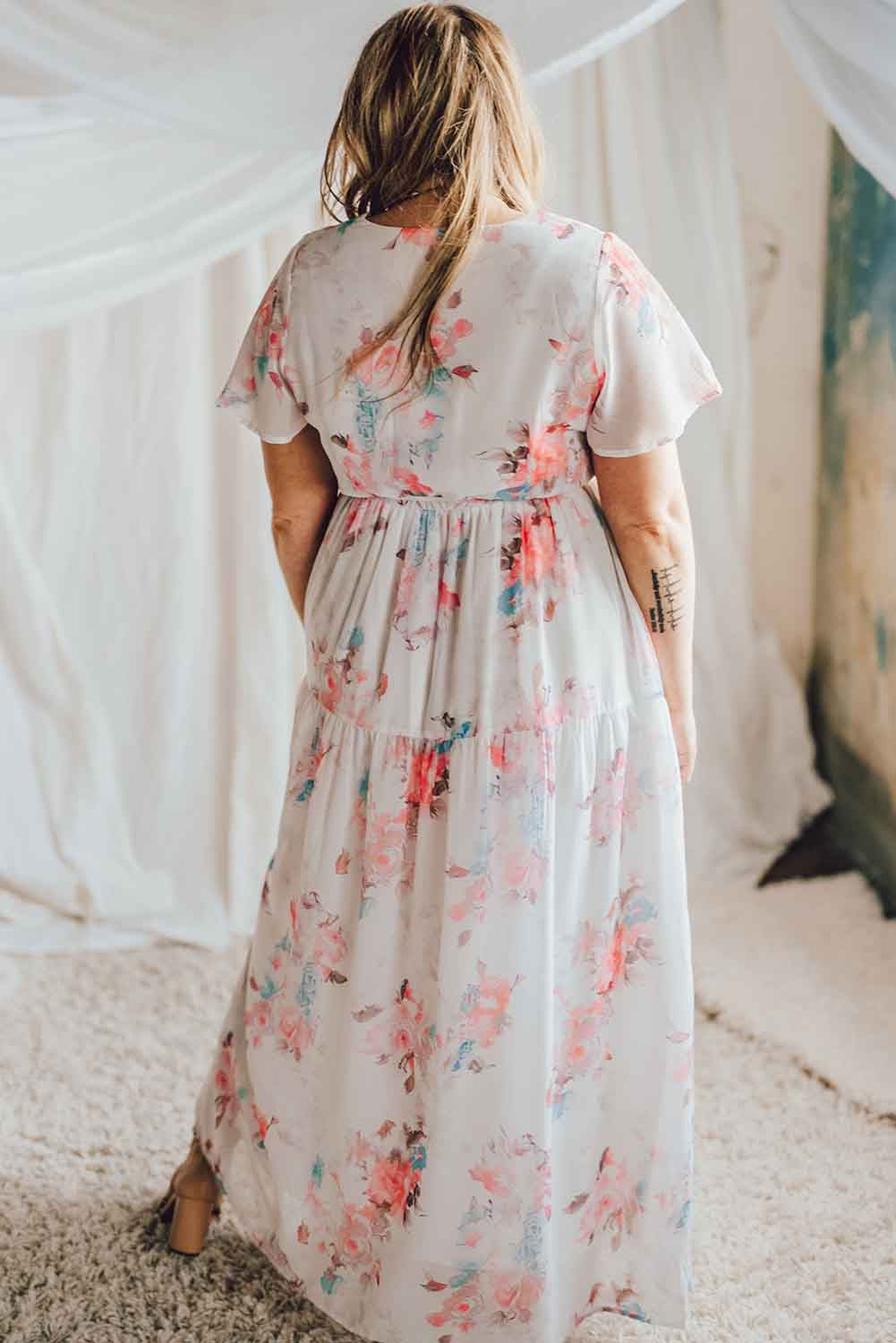 White Floral Print Lace-up High Waist Plus Size Maxi Dress