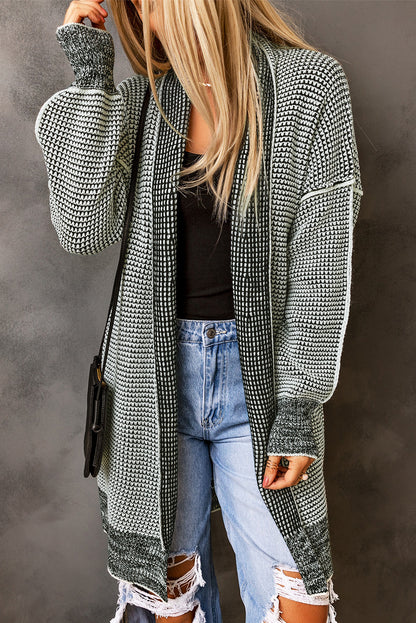 Rose Plaid Knitted Long Open Front Cardigan