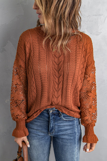 Apricot Crochet Lace Pointelle Knit Sweater