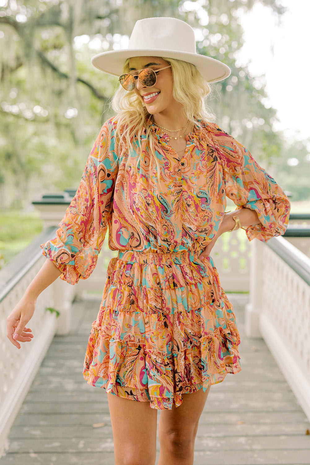 Multicolor Paisley Print Frilled Mini Dress