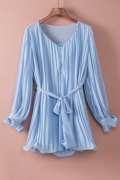 Pink Pleated Ruffled Tie Waist Buttons V Neck Romper