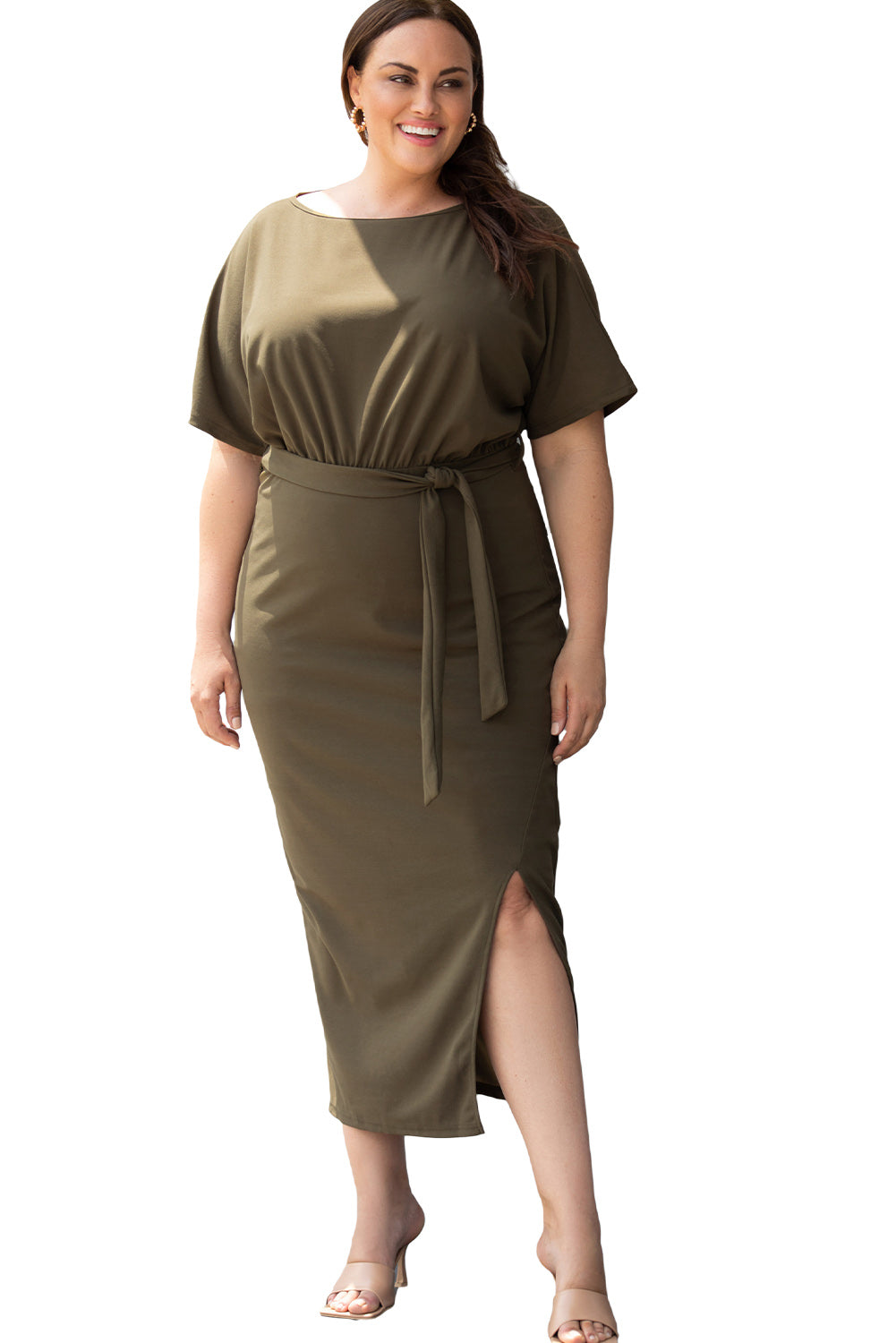 Green Belted High Waist Side Slit Plus Size Maxi Dress