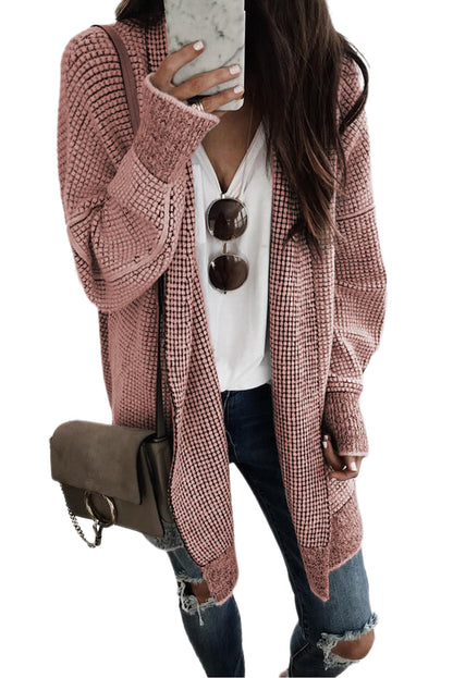 Rose Plaid Knitted Long Open Front Cardigan