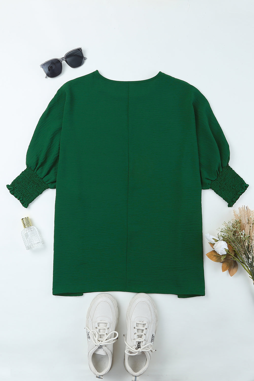 Green Crinkle Texture Puff Sleeve Plus Size Top