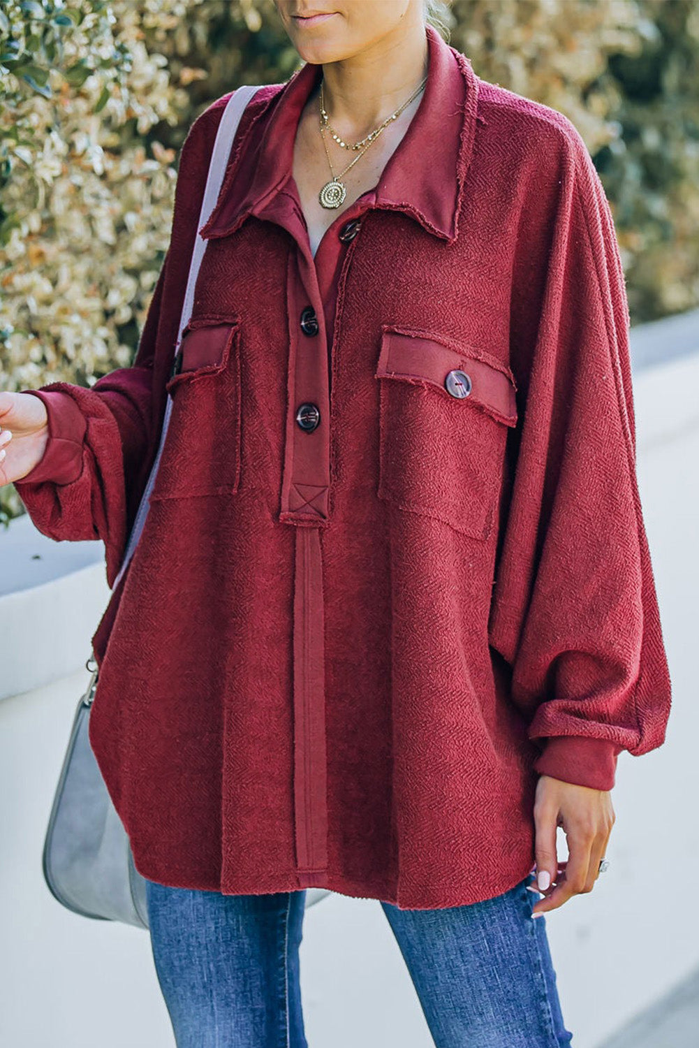 Red Polo Collar Buttoned Patchy Top with Pockets