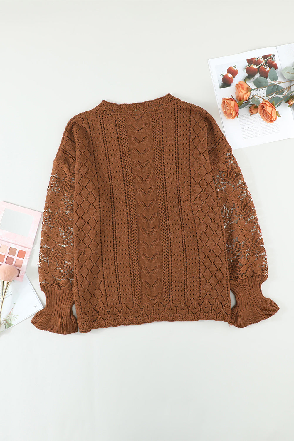 Apricot Crochet Lace Pointelle Knit Sweater