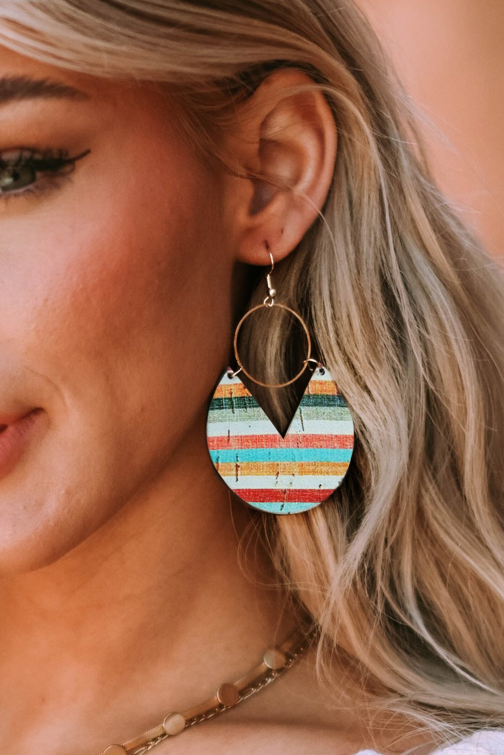 Multicolor Boho Striped Print Wood Drop Earrings