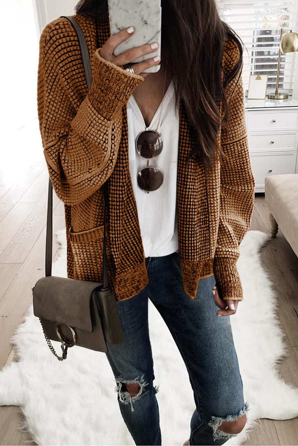 Rose Plaid Knitted Long Open Front Cardigan