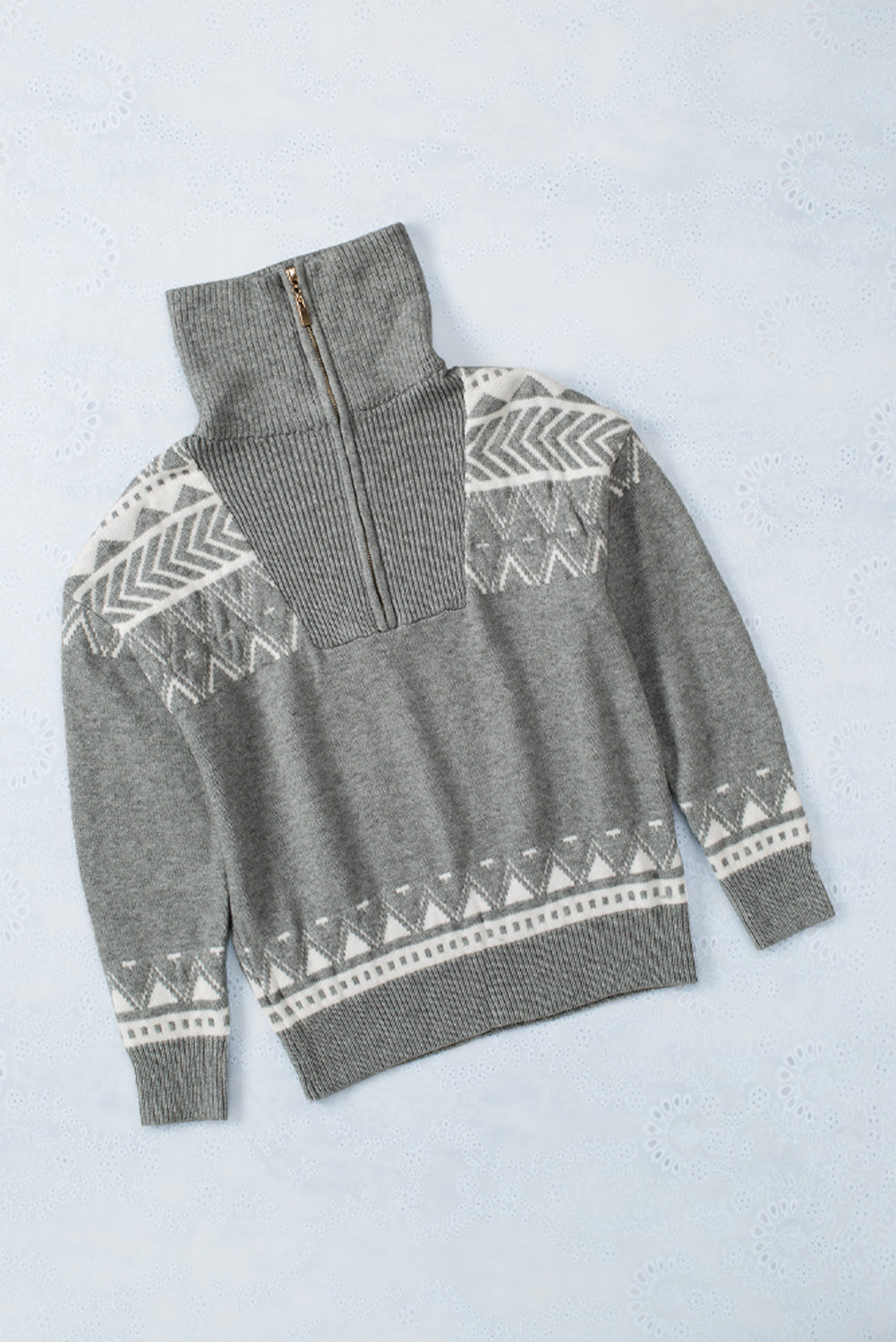 White Geometry Knit Quarter Zip Sweater