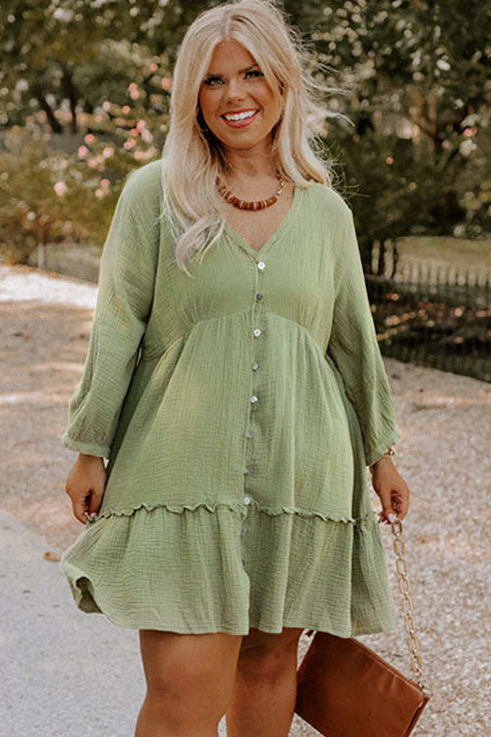 Green Textured Ruffled Buttoned V Neck Plus Size Mini Dress