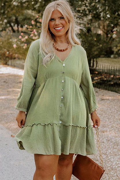 Green Textured Ruffled Buttoned V Neck Plus Size Mini Dress