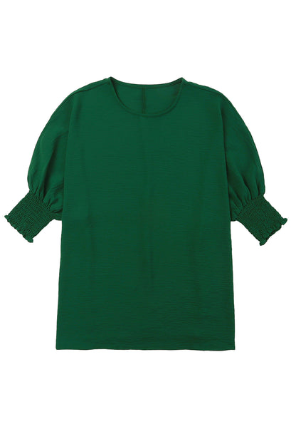 Green Crinkle Texture Puff Sleeve Plus Size Top